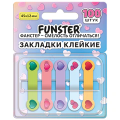 Закладки клейкие Z-сложения FUNSTER (ФАНСТЕР) "Сердечки", 45х12 мм, 100 шт. (5 цветов х 20 листов), в диспенсере, 116704