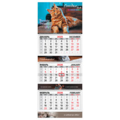 Календарь квартальный 2026 г., 3 блока, 3 гребня, бегунок, мелованная бумага, BRAUBERG EXTRA, &laquo;Котик&raquo;, 116824