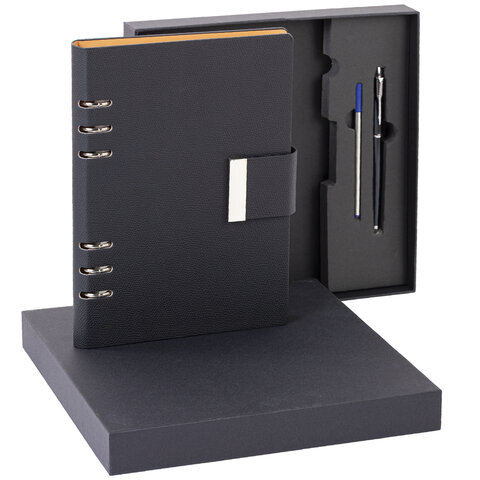 Ежедневник на кольцах в наборе с ручкой А5, 165x229 мм, BRAUBERG "Lux", под кожу, 100 листов, черный, 116856 - фото 9