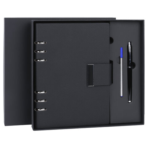 Ежедневник на кольцах в наборе с ручкой А5, 165x229 мм, BRAUBERG "Lux", под кожу, 100 листов, черный, 116856