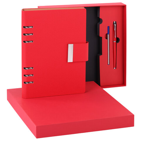 Ежедневник на кольцах в наборе с ручкой А5, 165x229 мм, BRAUBERG "Lux", под кожу, 100 листов, красный, 116857 - фото 8