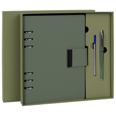 Ежедневник на кольцах в наборе с ручкой А5, 165x229 мм, BRAUBERG "Lux", под кожу, 100 листов, зеленый, 116858