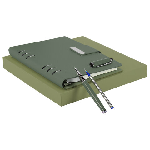 Ежедневник на кольцах в наборе с ручкой А5, 165x229 мм, BRAUBERG "Lux", под кожу, 100 листов, зеленый, 116858 - фото 4