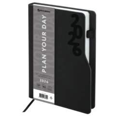 Ежедневник датированный 2026, А5, 150&times;213 мм, BRAUBERG &laquo;Up&raquo;, под кожу, софт-тач, держатель для ручки, черный, 117116