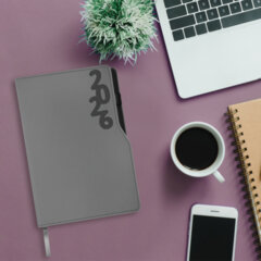 Ежедневник датированный 2026, А5, 150&times;213 мм, BRAUBERG &laquo;Up&raquo;, под кожу, софт-тач, держатель для ручки, серый, 117119