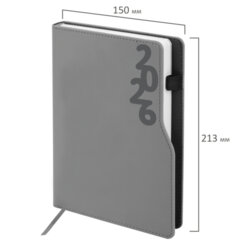 Ежедневник датированный 2026, А5, 150&times;213 мм, BRAUBERG &laquo;Up&raquo;, под кожу, софт-тач, держатель для ручки, серый, 117119