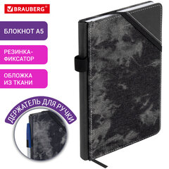 Блокнот А5 135x210 мм BRAUBERG "Denim", ткань/экокожа, резинка, держатель, 80 л., клетка, черный, 117140