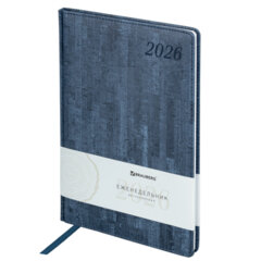 Еженедельник датированный 2026 БОЛЬШОЙ ФОРМАТ 210&times;297 мм, А4 BRAUBERG &laquo;Wood&raquo;, под кожу, синий, 117158