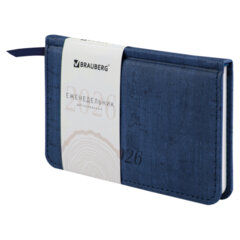 Еженедельник датированный 2026 МАЛЫЙ ФОРМАТ 95&times;155 мм, А6, BRAUBERG &laquo;Wood&raquo;, под кожу, синий, 117195