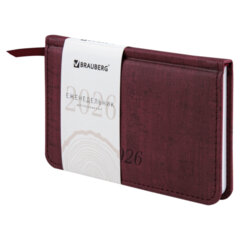 Еженедельник датированный 2026 МАЛЫЙ ФОРМАТ 95&times;155 мм, А6, BRAUBERG &laquo;Wood&raquo;, под кожу, бордо, 117196