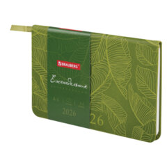 Еженедельник датированный 2026 МАЛЫЙ ФОРМАТ 95&times;155 мм, А6, BRAUBERG &laquo;Foliage&raquo;, под кожу, зеленый, 117198