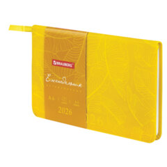 Еженедельник датированный 2026 МАЛЫЙ ФОРМАТ 95&times;155 мм, А6, BRAUBERG &laquo;Foliage&raquo;, под кожу, желтый, 117200