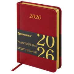 Ежедневник датированный 2026, МАЛЫЙ ФОРМАТ 100&times;150 мм, А6, BRAUBERG &laquo;Iguana&raquo;, под кожу, красный, 117251