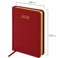 Ежедневник датированный 2026, МАЛЫЙ ФОРМАТ 100&times;150 мм, А6, BRAUBERG &laquo;Iguana&raquo;, под кожу, красный, 117251