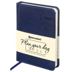 Ежедневник датированный 2026, МАЛЫЙ ФОРМАТ 100&times;150 мм, А6, BRAUBERG &laquo;Imperial&raquo;, под кожу, синий, 117255