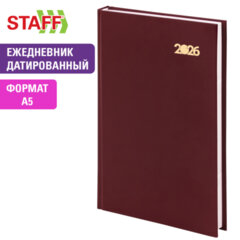 Ежедневник датированный 2026 145х215 мм, А5, STAFF, обложка бумвинил, бордовый, 117306