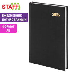 Ежедневник датированный 2026 145х215 мм, А5, STAFF, обложка бумвинил, черный, 117307