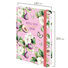 Ежедневник датированный 2026 с резинкой 145&times;203 мм, А5, BRAUBERG, твердый, фольга, &laquo;Инжир&raquo;, 117337