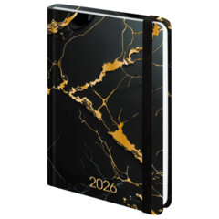 Ежедневник датированный 2026 с резинкой 145&times;203 мм, А5, BRAUBERG, твердый, фольга, &laquo;Черный мрамор&raquo;, 117338