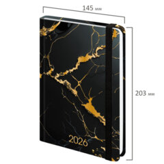 Ежедневник датированный 2026 с резинкой 145&times;203 мм, А5, BRAUBERG, твердый, фольга, &laquo;Черный мрамор&raquo;, 117338