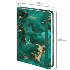 Ежедневник датированный 2026 с резинкой 145&times;203 мм, А5, BRAUBERG, твердый, фольга, &laquo;Мрамор&raquo;, 117340