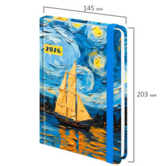 Ежедневник датированный 2026 с резинкой 145&times;203 мм, А5, BRAUBERG, твердый, &laquo;Живопись&raquo;, 117342