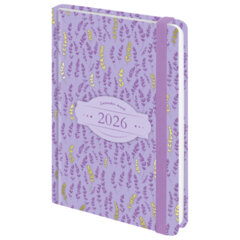 Ежедневник датированный 2026 с резинкой 145&times;203 мм, А5, BRAUBERG твердый, фольга, &laquo;Лаванда&raquo;, 117344