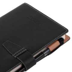 Ежедневник датированный 2026, А5, 143&times;218 мм, BRAUBERG &laquo;Journal&raquo;, под кожу, застежка, держатель для ручки, органайзер, черный, 117382