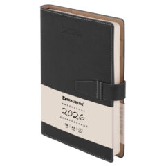 Ежедневник датированный 2026, А5, 143&times;218 мм, BRAUBERG &laquo;Journal&raquo;, под кожу, застежка, держатель для ручки, органайзер, черный, 117382