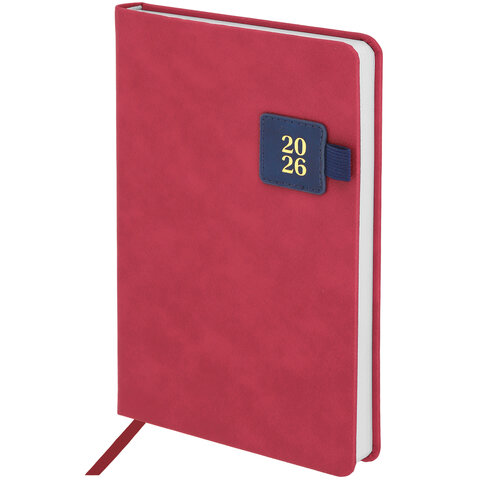 Ежедневник датированный 2026 А5 138х213 мм, BRAUBERG "Accent", под кожу, держатель, красный/синий, 117384