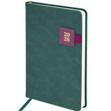 Ежедневник датированный 2026 А5 138х213 мм, BRAUBERG "Accent", под кожу, держатель, зеленый/бордо, 117387