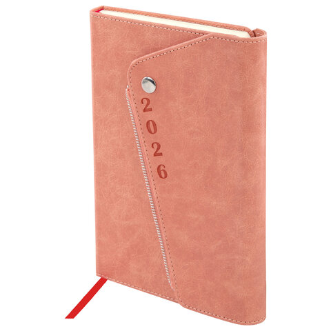 Ежедневник датированный 2026, А5, 145х213 мм, BRAUBERG "Jacket", под кожу, клапан, держатель, розовый, 117400