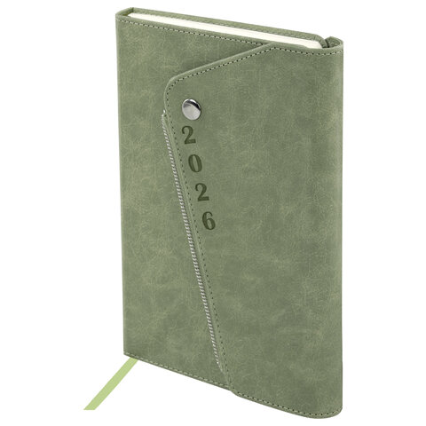 Ежедневник датированный 2026, А5, 145х213 мм, BRAUBERG "Jacket", под кожу, клапан, держатель, зеленый, 117402