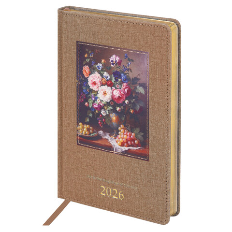 Ежедневник датированный 2026 А5 138х213 мм, BRAUBERG "ArtGallery", под кожу, нашивка, бежевый, 117404