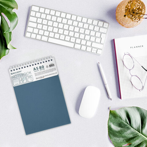 Блокнот А5 80л, BRAUBERG, силиконовый гребень, обложка пластик, клетка, синий, 117561