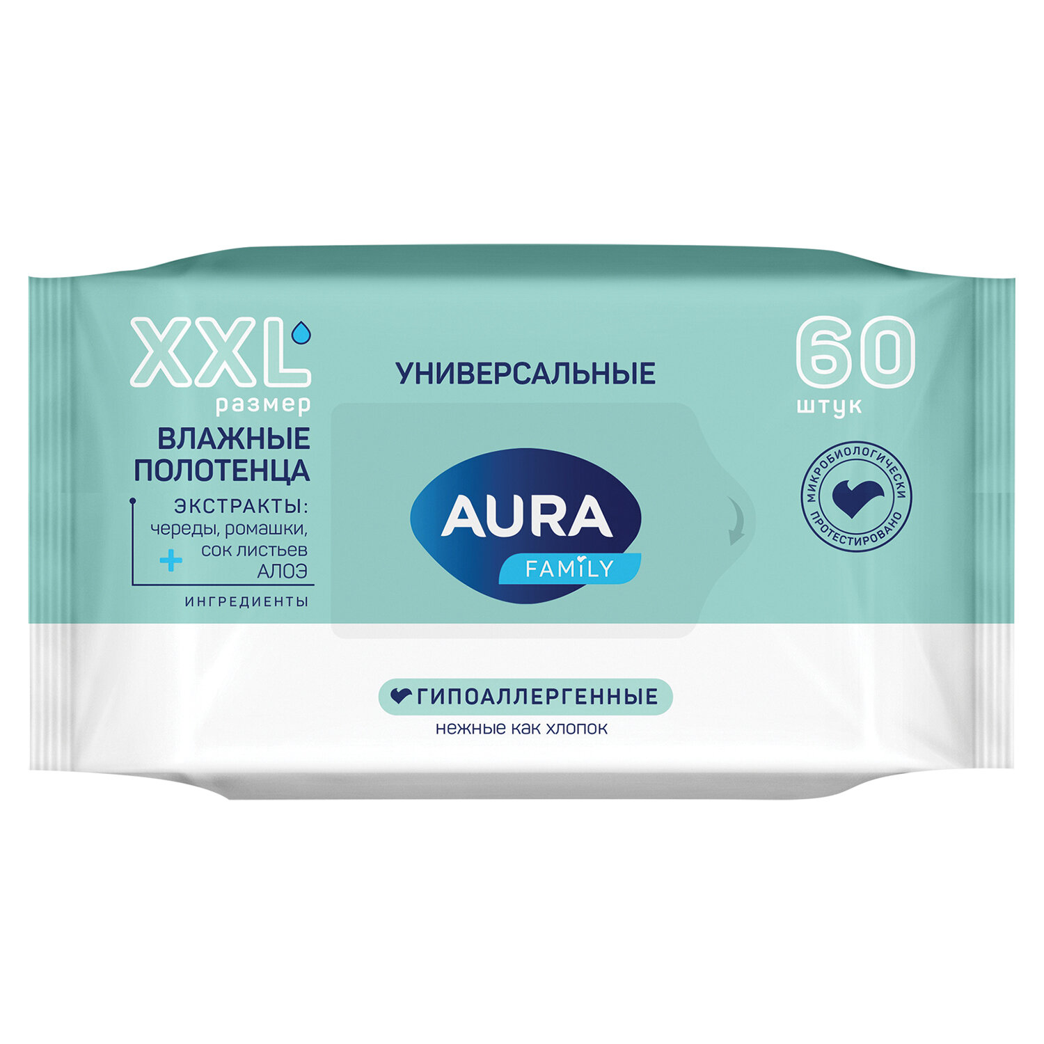 Полотенца влажные 60 шт., XXL, AURA "Family", универсальные