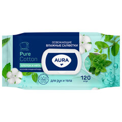 Салфетки влажные 120 шт., AURA освежающие, с пластиковым клапаном
