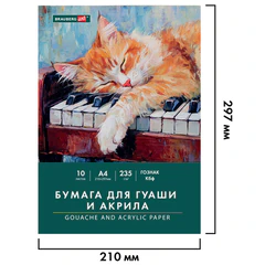 Бумага для гуаши и акрила А4 10 л., 235 г/<wbr/>м<sup>2</sup>, 210&times;297 мм, в папке, BRAUBERG ART CLASSIC, &laquo;Кот-музыкант&raquo;, 117731