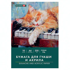 Бумага для гуаши и акрила А4 10 л., 235 г/<wbr/>м<sup>2</sup>, 210&times;297 мм, в папке, BRAUBERG ART CLASSIC, &laquo;Кот-музыкант&raquo;, 117731