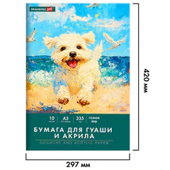 Бумага для гуаши и акрила А3 10 л., 235 г/<wbr/>м<sup>2</sup>, 297&times;420 мм, в папке, BRAUBERG ART CLASSIC, &laquo;Море&raquo;, 117734