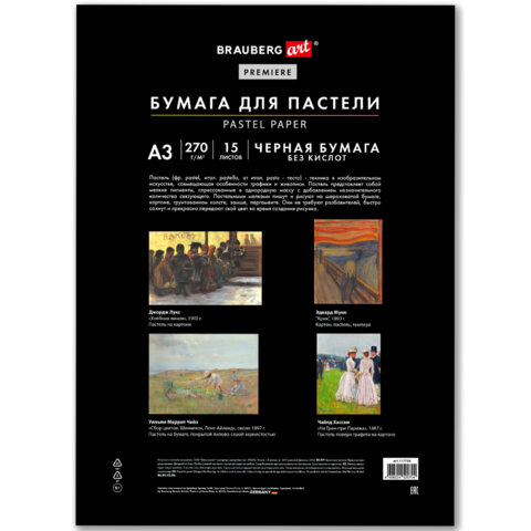 Бумага для пастели ФАКТУРНАЯ, А3, в папке, 15 листов, ЧЕРНАЯ, 270 г/м2, BRAUBERG ART, 117758 - фото 2