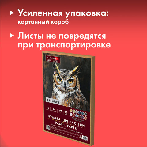 Бумага для пастели ФАКТУРНАЯ А4 в коробке, 36 листов 12 цветов, 270 г/м2, BRAUBERG ART, 117759