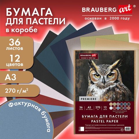 Бумага для пастели ФАКТУРНАЯ А3 в коробке, 36 листов 12 цветов, 270 г/м2, BRAUBERG ART, 117760