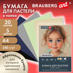 Бумага для пастели АБРАЗИВНАЯ А4 в папке, 20 листов, 5 цветов, 240 г/м2, BRAUBERG ART, 117763