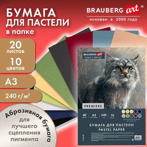 Бумага для пастели АБРАЗИВНАЯ А3 в коробке, 40 листов 10 цветов, 240 г/м2, BRAUBERG ART, 117768