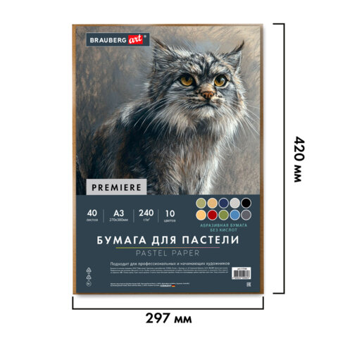 Бумага для пастели АБРАЗИВНАЯ А3 в коробке, 40 листов 10 цветов, 240 г/м2, BRAUBERG ART, 117768 - фото 3