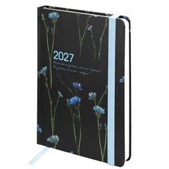 Ежедневник датированный 2027 с резинкой, 145&times;203 мм, А5, BRAUBERG, твердый, &laquo;Васильки&raquo;, 117835
