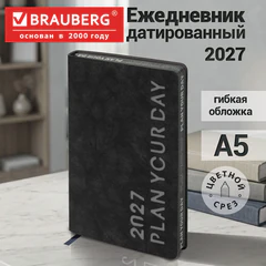 Ежедневник датированный 2027, А5, 138х213 мм, BRAUBERG "Vive", под кожу, запечатанный срез, черный/серый, 117869