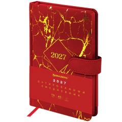Ежедневник датированный 2027, А5, 138&times;213 мм, BRAUBERG &laquo;Goldy&raquo;, под кожу, цветной срез, красный, 117896