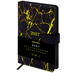 Ежедневник датированный 2027, А5, 138&times;213 мм, BRAUBERG &laquo;Goldy&raquo;, под кожу, магнитная застежка, цветной срез, черный, 117898